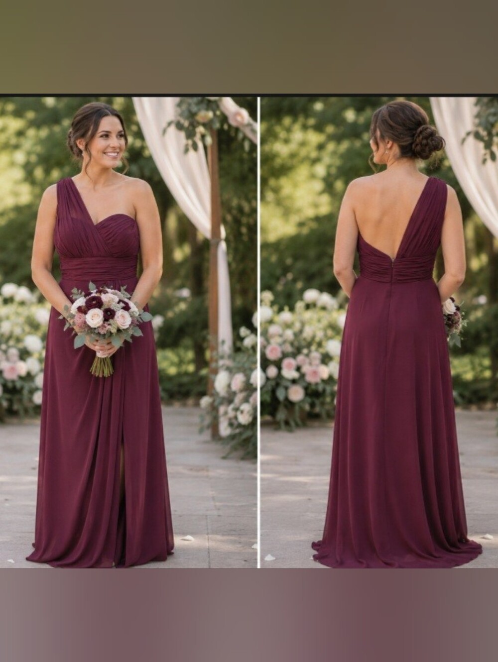 Bill Levkoff Burgundy One Shoulder Ruched Bridesmaid Prom Formal Gown Size 12